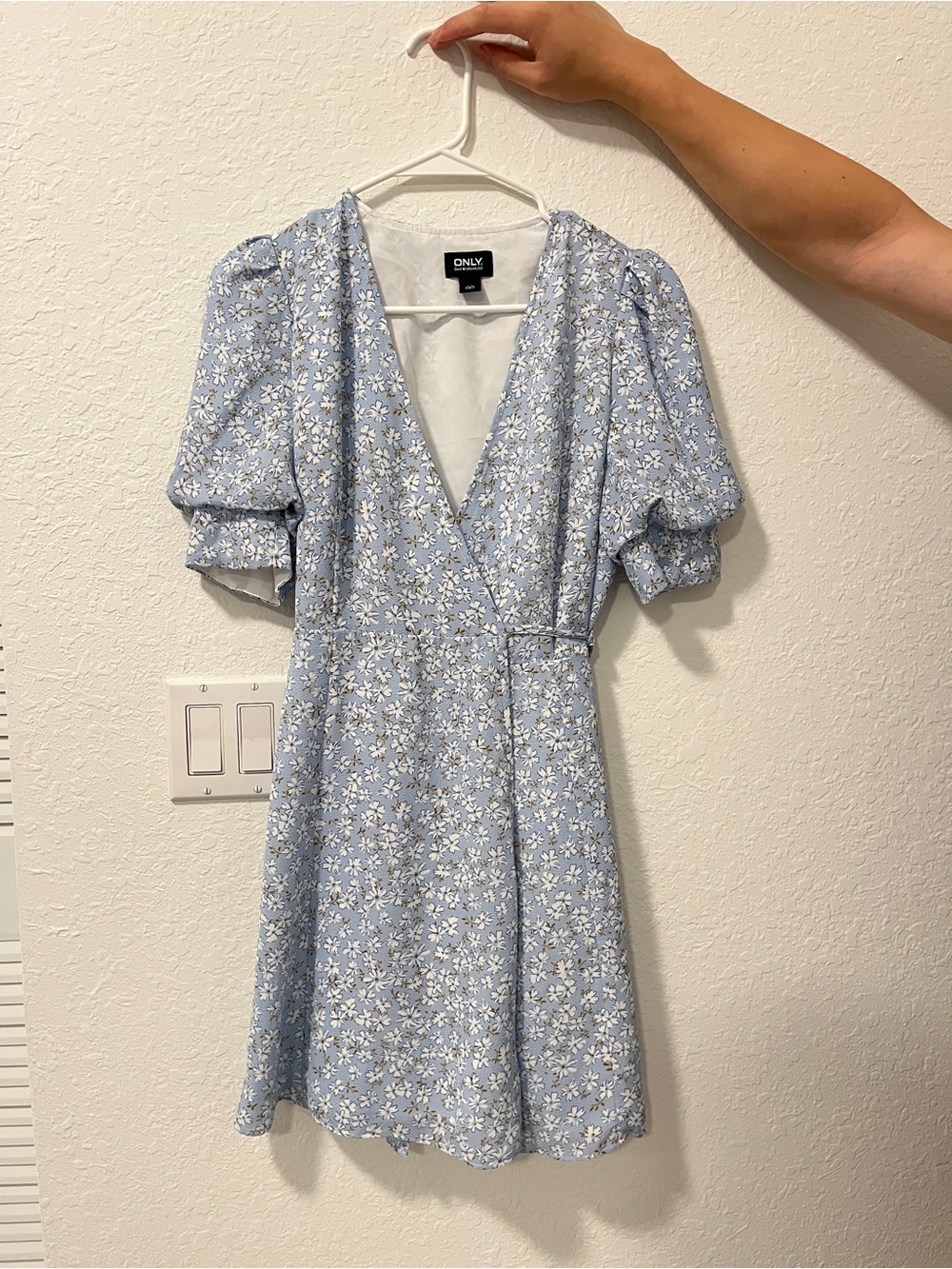 ONLY Light Blue Floral Wrap Mini Dress with Puff Sleeves